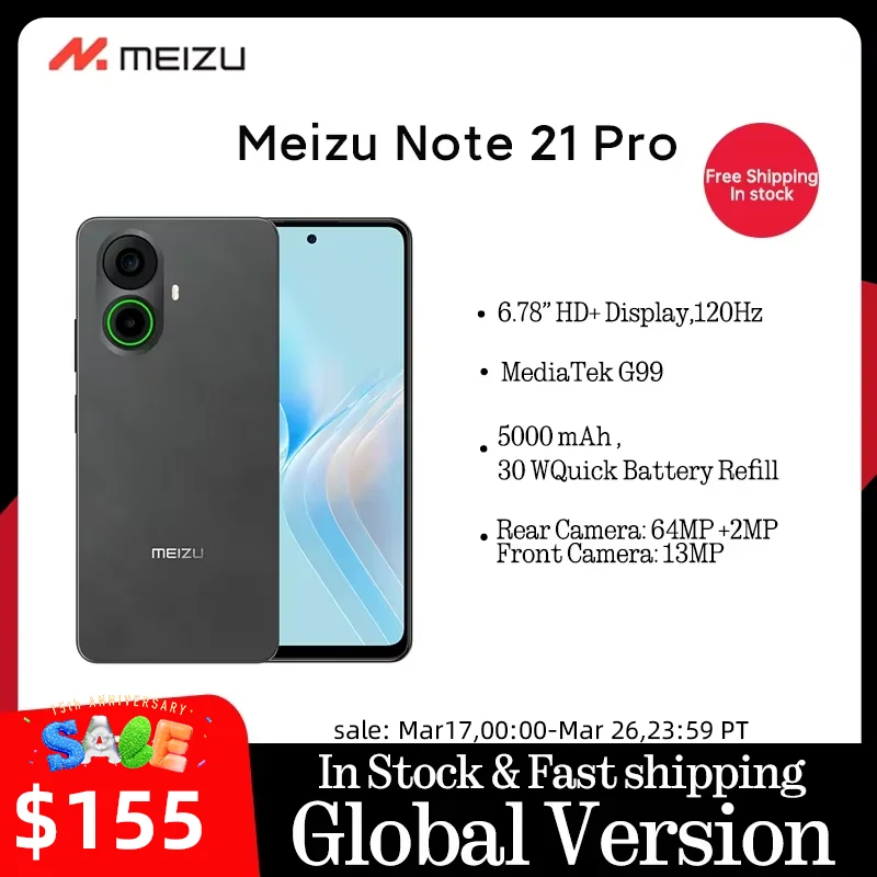 Algemene versie Meizu Note 21 Pro Smartphone 64MP Hoofdachteruitrijcamera 5000 mAh Batterij 6,78 "120 Hz Display 30 W Opladen Helio G99 NFC