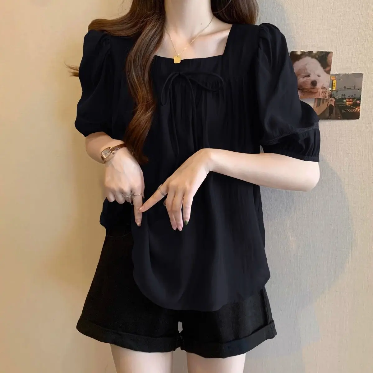 French Square Collar Puff Sleeve Chiffon Shirt for Women Short-sleeved Summer Large Size Loose Top