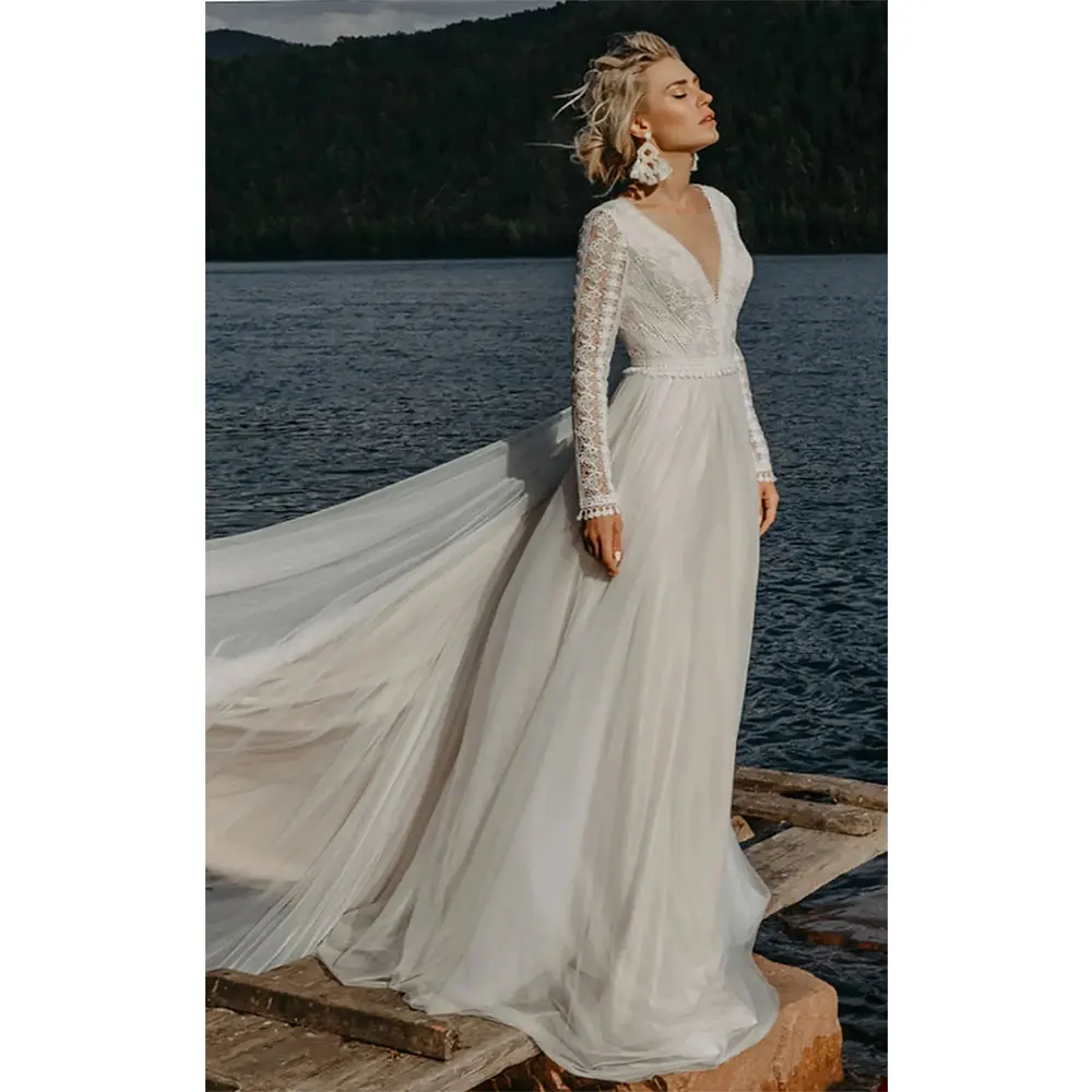 Bohemian White Chiffon Wedding Dresses with Lace Bridal Gowns V Neck Long Sleeve Backless Bride Dresses Custom Made Plus Size