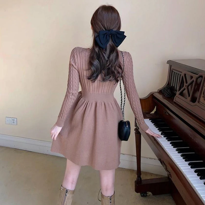 Korean Style Solid Inside Knitting Mini Dress Woman Autumn Winter Warm Long Sleeve Sweater Dresses Elegant Women\'s Waist Dress