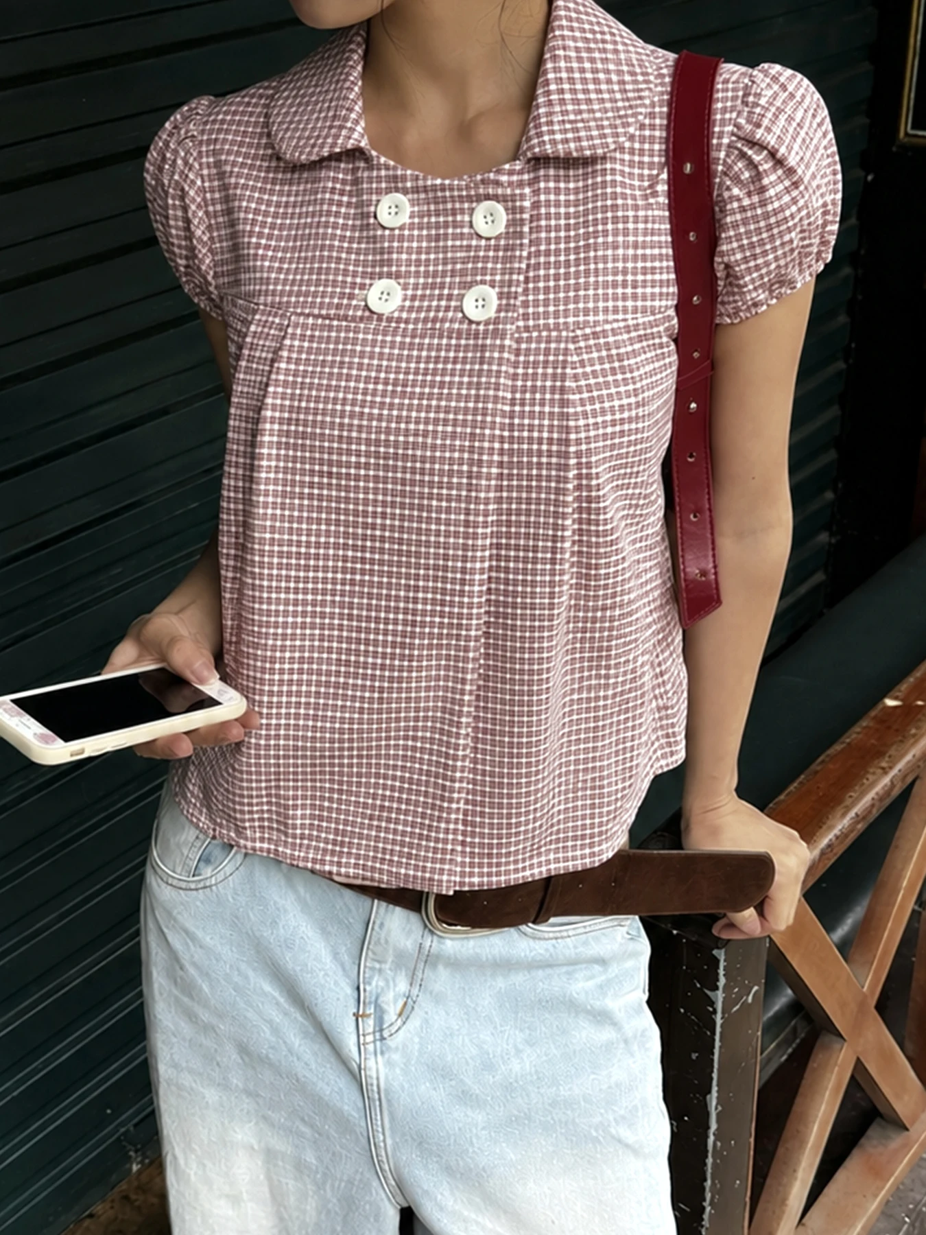 Women Gingham Plaid Blouse Peter Pan Collar Puff Short Sleeve Double Breasted Buttons Cropped Shirt Y2K Vintage Sweet Casual Top