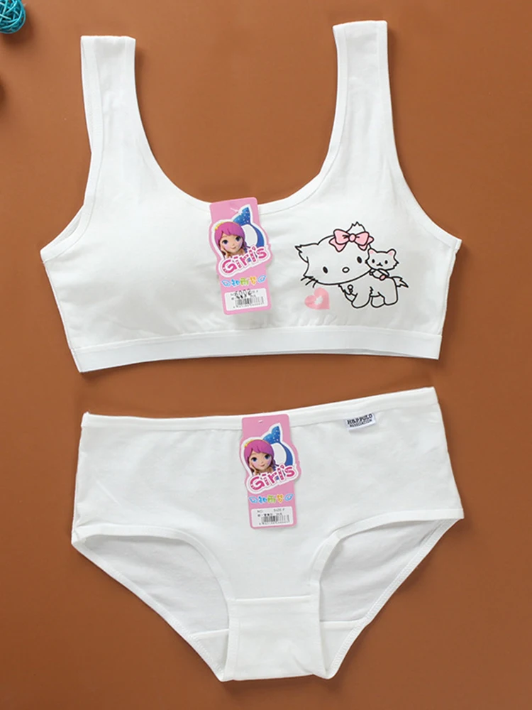 Cartoon Cotton Underwear Teen Girls Training Bras Briefs Sets Seamless Womens Panties Tank Top Bra Big Children Lingerie Vest