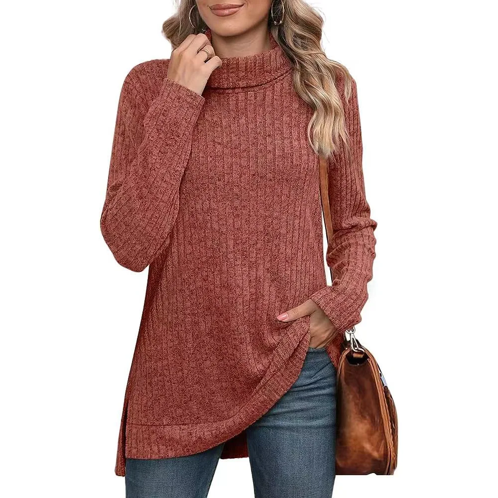 

2025 New Women's Pullover Turtleneck Casual Top Fashion Solid Color High-neck Split Pit Strip Pit T-shirt for Female