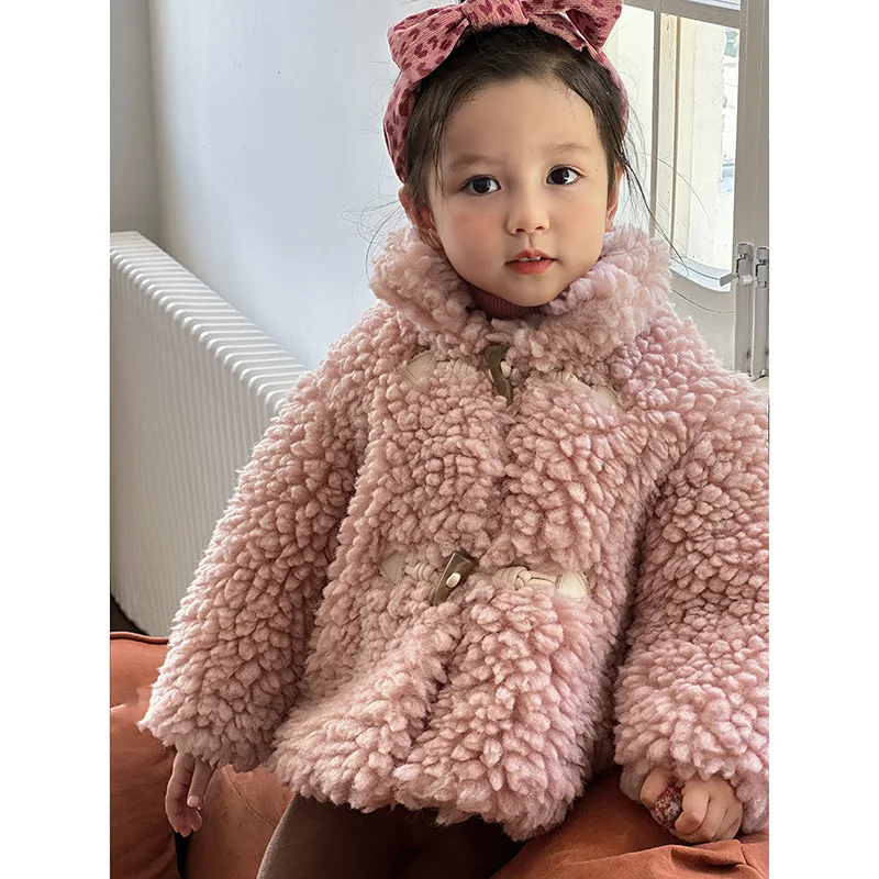 Baby Girls Pink Wool Coat Children 2024 New Autumn Winter Fashion Simple Casual Warm Coat 2-6 Years Old Kids Clothes Coat