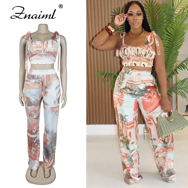 

Znaiml женский комплект из 2 предметов в стиле бохо, уличная одежда, укороченный топ на тонких бретельках и широкие брюки, повседневный наряд для осенней одежды