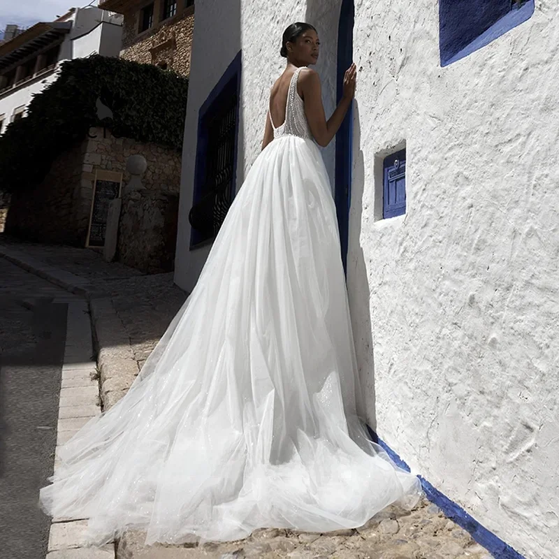 Pearls Wedding Dress Customized Square Neck Sleeveless See Through Split Glitter Tulle A Line Bride Bridal Gown for Lady