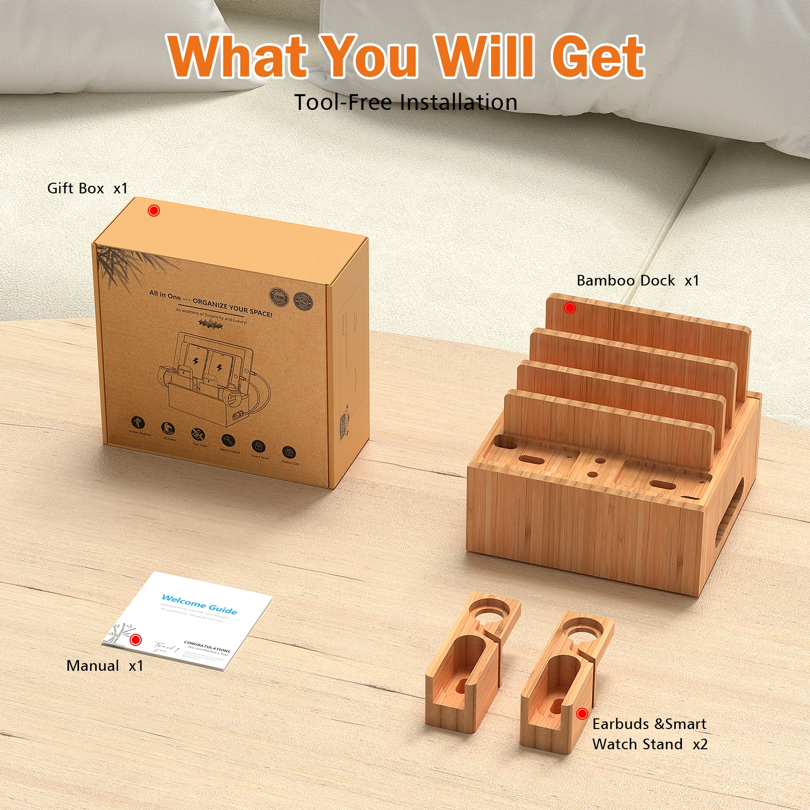 Bamboo Charging Station Organizer for Multiple Devices, Desktop Docking Station Compatible with Phone, Tablet, Earbuds