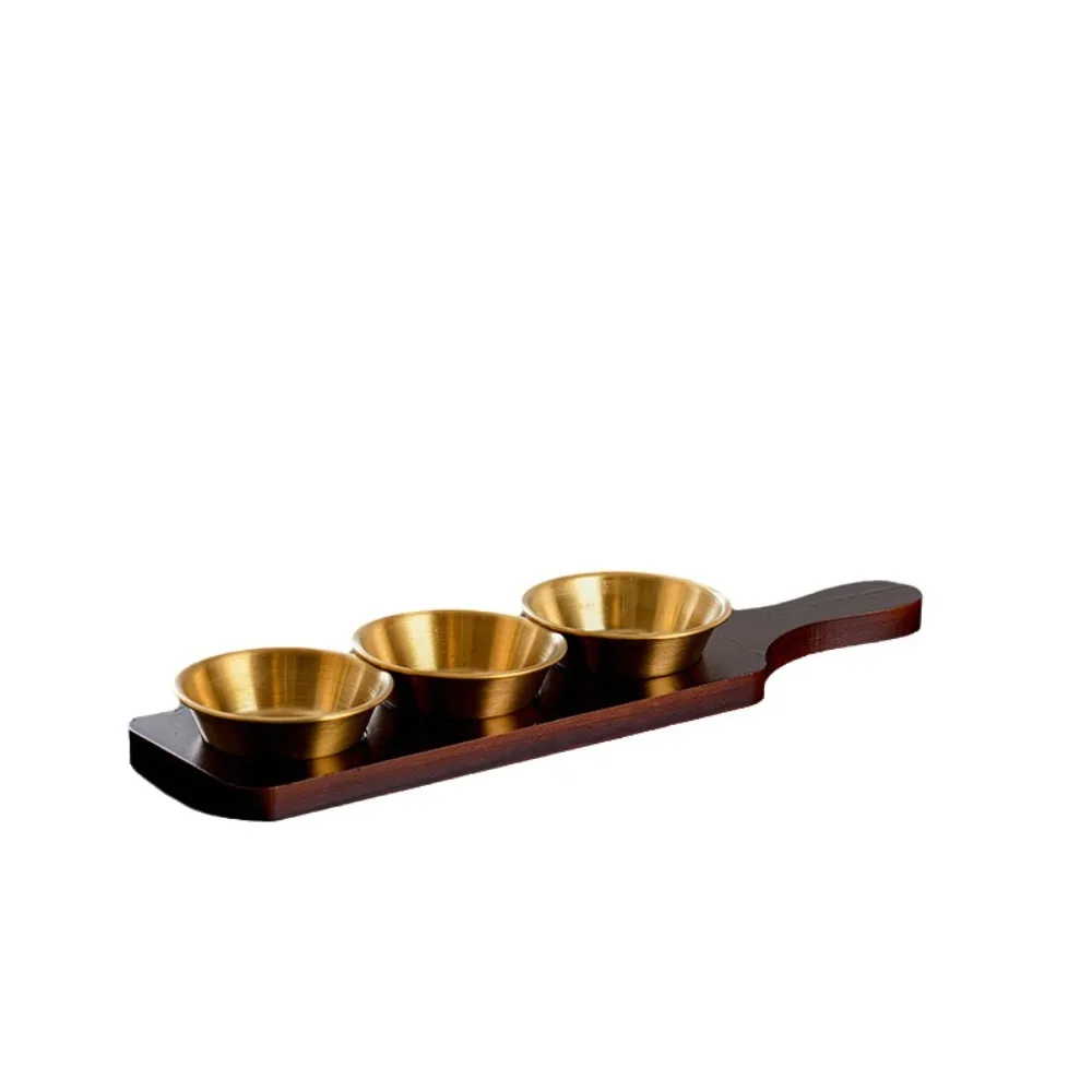 

Multi-function Stainless Steel Seasoning Plate Elegant Corrosion Resistant Divided Dipping Dish with Wooden Base Convenient