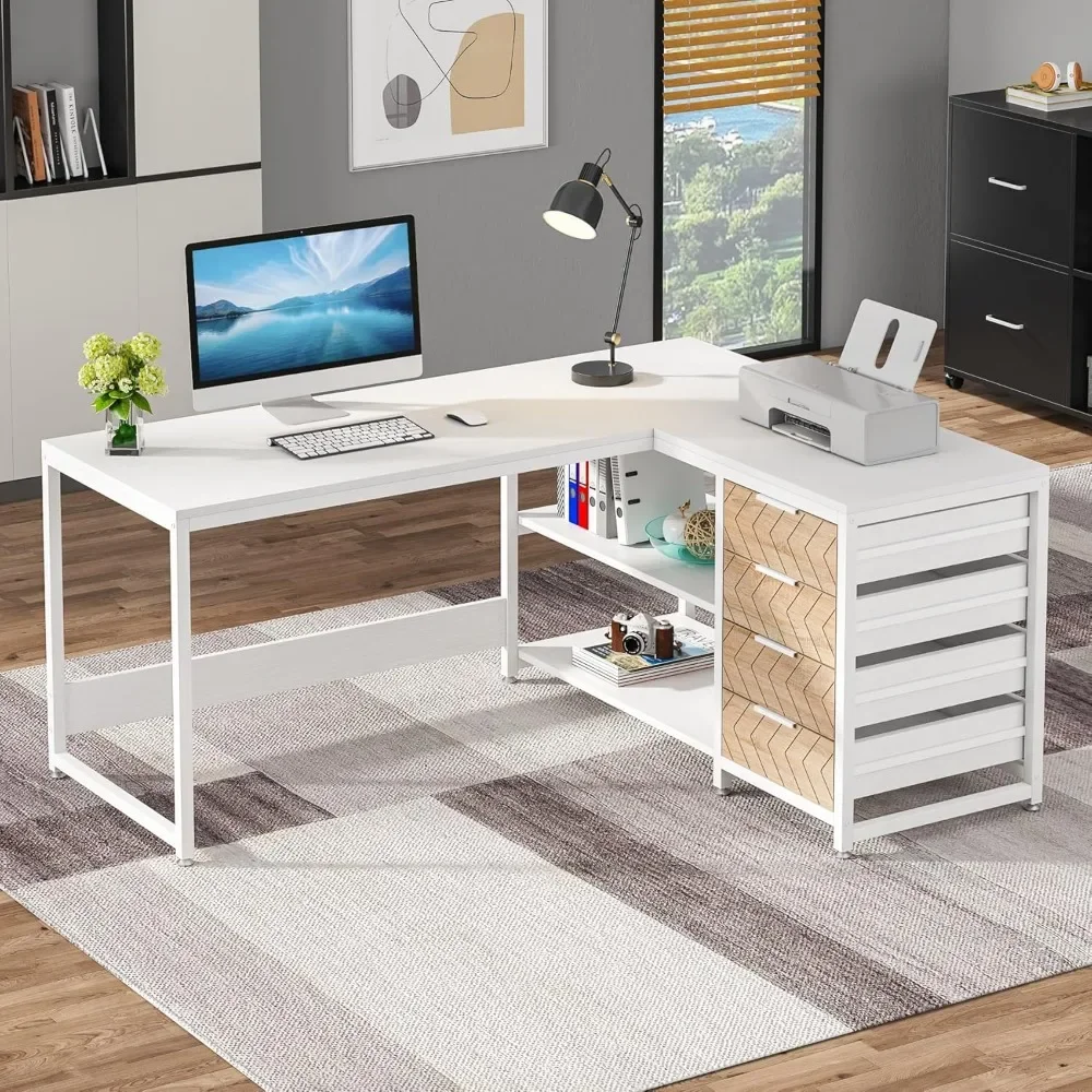 L Shaped Computer Desk with Storage Drawers, 59 inch Corner Desk with Shelves, Reversible L-Shaped Office Desk Study Writing