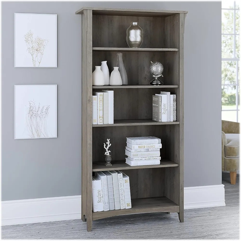 Bush Furniture Salinas 5 Shelf Bookcase in Driftwood Gray, Tall Bookshelf, Large Book Shelf for Living Room, Home Office