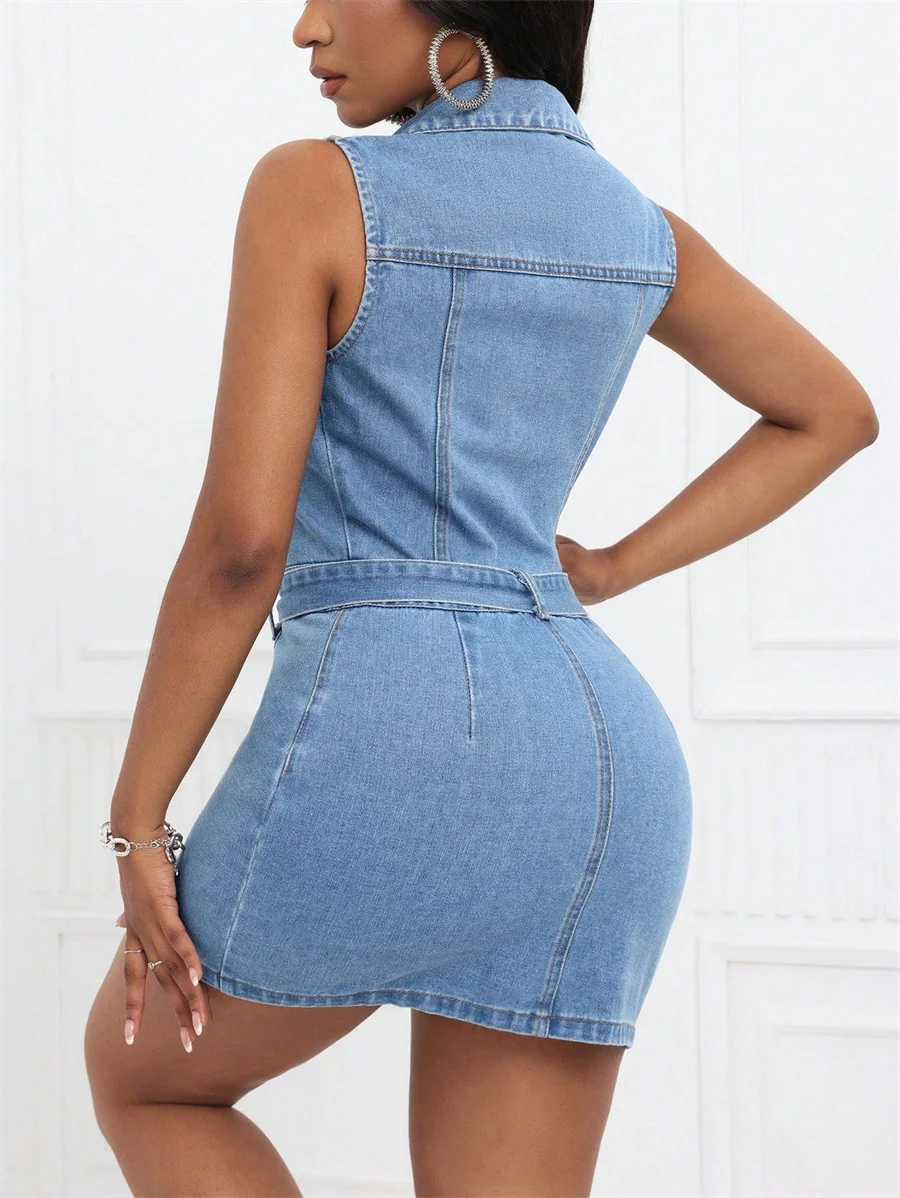 Benuynffy Women's Sexy Belted Denim Dress Single Breasted Turn-down Collar Sleeveless Bodycon Mini Dresses Club Streetwear