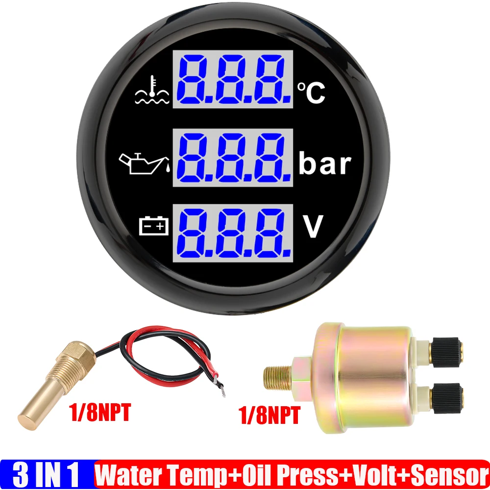 

ZMFJH MultiMeter 52MM Gauge with Alarm BLUE LED 0-120℃ Water Temperature 0-10BAR Oil Pressure Meter Voltmeter Temp Sensor Car