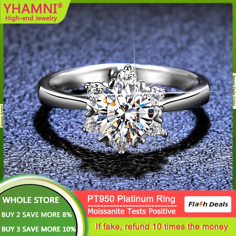 

YHAMNI Luxury Rare PT950 Platinum Rings Top Snowflake 1 Carat Moissanite Diamond Rings Fine Jewelry Wedding Band Gift for Women