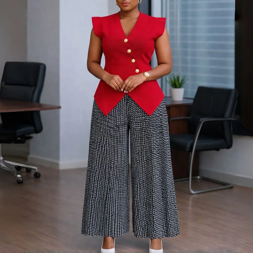 D632 Fashionable Sleeveless Buttoned Solid Color V-neck Top And Printed Pleated Wide-leg Pants Two-piece Set Birthday Dress Sexy view 2