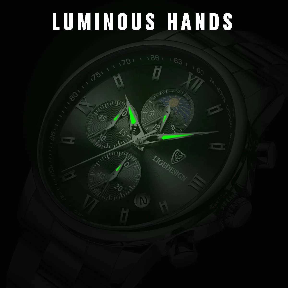 LIGE ساعة رجالية فاخرة موضة الأعمال القمر المرحلة كوارتز ساعات رجالية مقاوم للماء الفولاذ المقاوم للصدأ رجل ساعة كرونوغراف على مدار الساعة