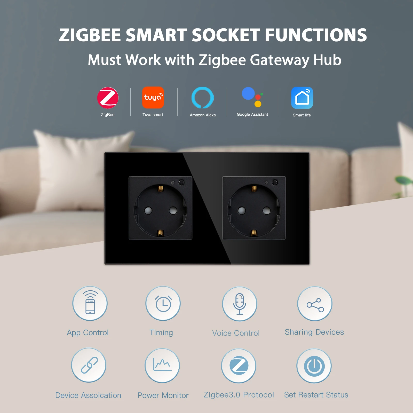 Bseed EU Zigbee Energy Monitor Wall Socket Crystal Glass Frame Double Smart Outlets Google Home Alexa Smart Life Voice Control