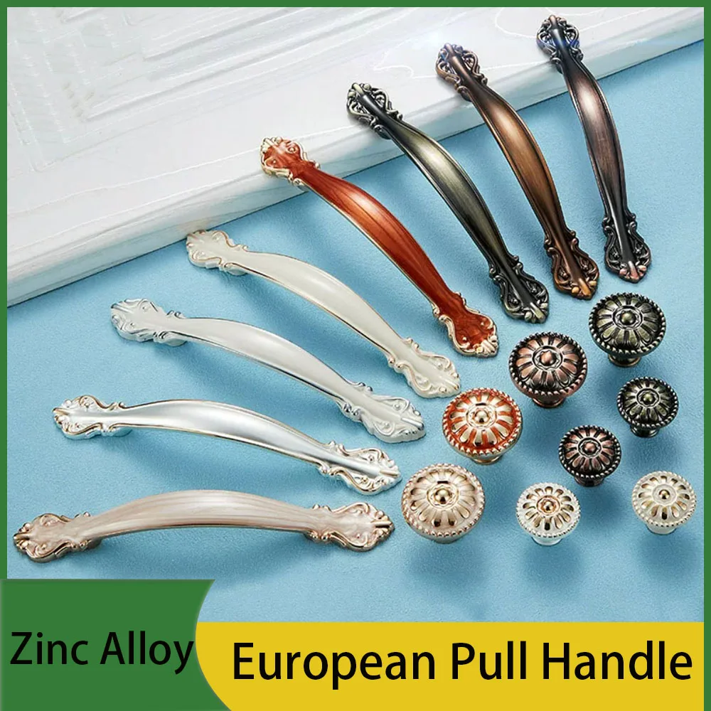 European Retro Carved Zinc Alloy Handle Ivory White / Antique Blue / Antique Red Cabinet Wardrobe Drawer Pull Furniture Hardware