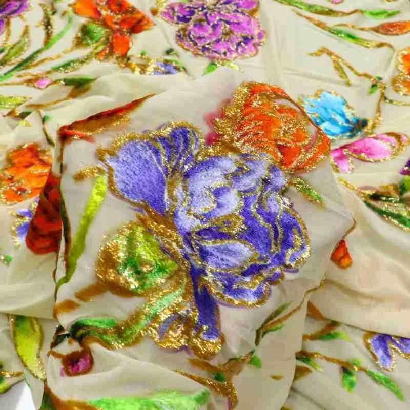 

Woven velvet jacquard positioning hand-painted fabric for high-end dress and cheongsam