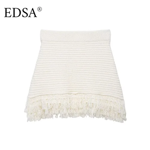 Imagen 2 del producto EDSA Minifalda de punto beige para mujer con adornos a cuadros con flecos, cintura alta, cintura elástica, faldas cortas de verano