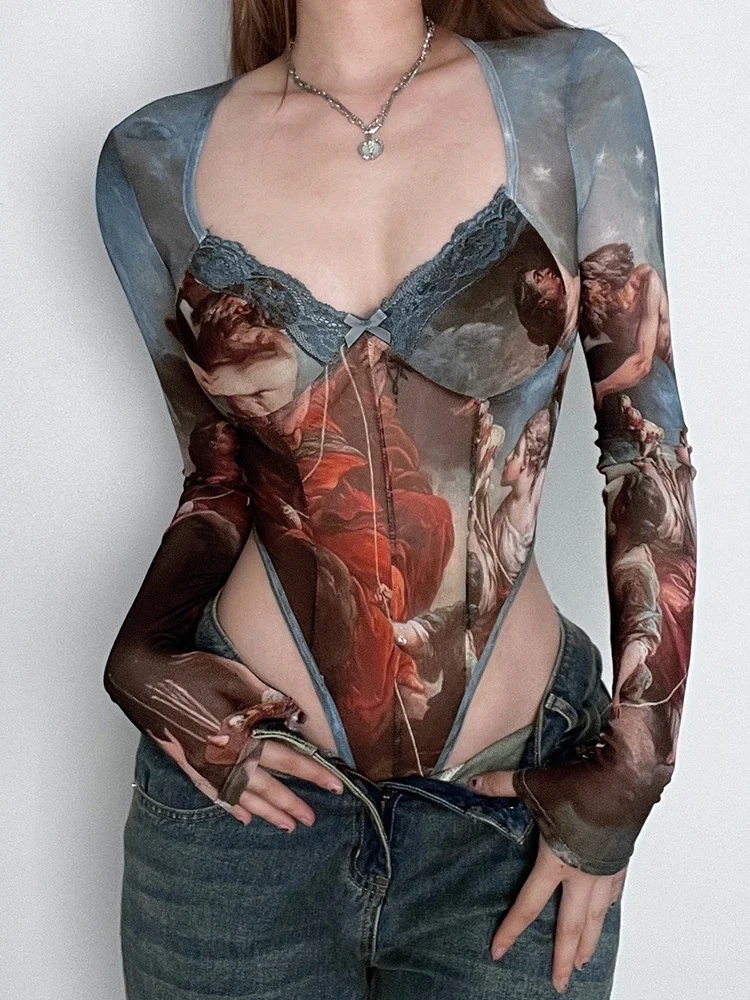 Rockmore خمر مطبوعة شبكة داخلية النساء مقوس دانتيل ساحة الرقبة عالية الخصر التفاف كم طويل ارتداءها عيد الهالوين عيد الميلاد