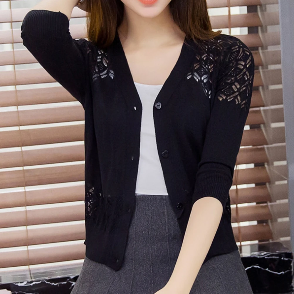 

Women's Short Knitted Cardigan Featuring Hollow Out Vneck Design and Moderate Stretch for Daily and Holiday Use