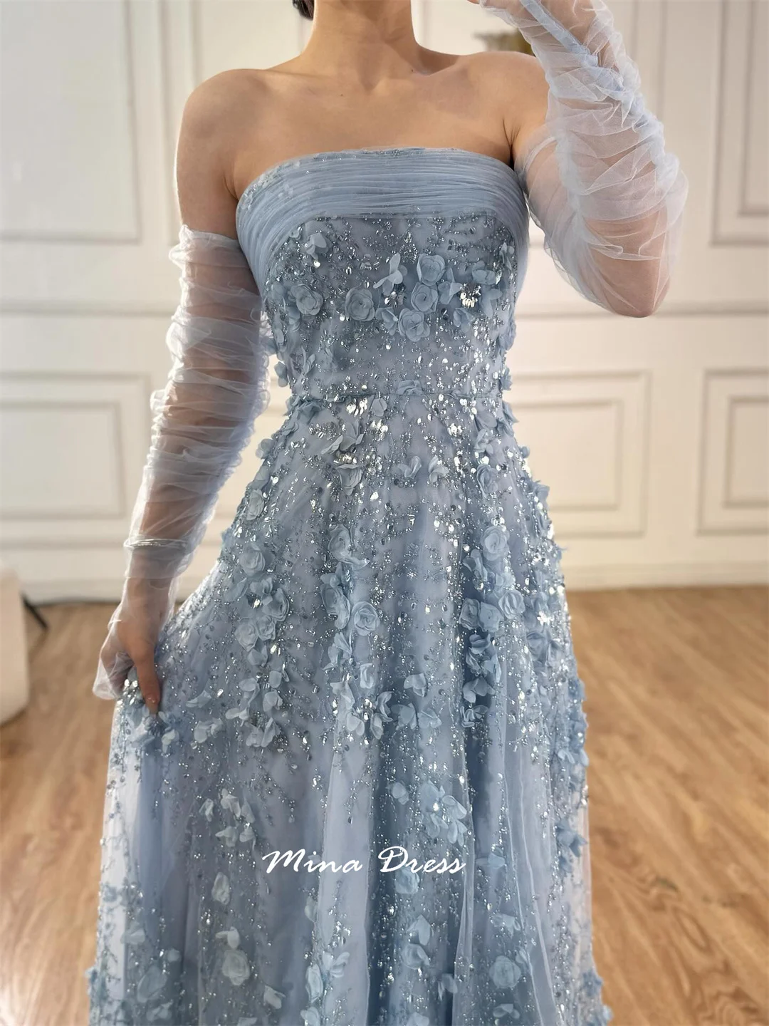 Mina Abiti eleganti da donna personalizzati con fiori 3D per occasioni speciali Perline Abito da sera arabo con top a tubo Abito da ballo di lusso