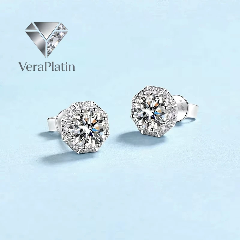 

VeraPlatin Classic PT950 Platinum ladys Each 1ct Moissanite Diamond Earplug Stud Earrings for Women Jewelry for family Birthday
