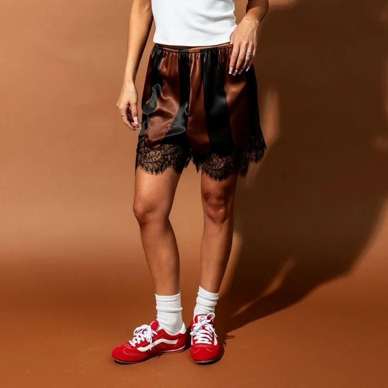 Women Stripe Satin Silk Boxers Shorts Lace Trim Patchwork Boy Shorts Silky Low Rise Coquette Lounge Slip Bottoms