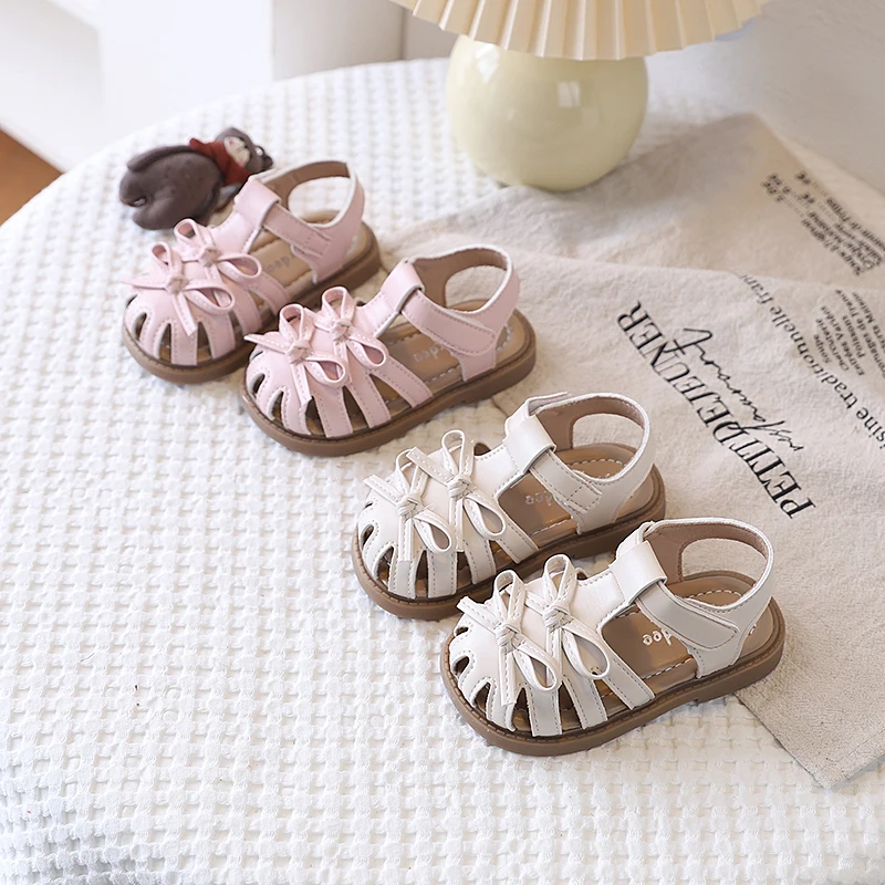 Girls Beach Shoes T-strap Trendy Kids Princess Shoes with Double Bows 2026 Summer New Children Sandals Soild Color Versatile