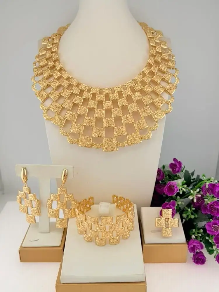 New In Luxury Dubai 18K Gold Plated 4Pcs Jewelry Set Two-Tone CZ Crystal Necklace Earrings Bracelet Ring for Women Wedding Party