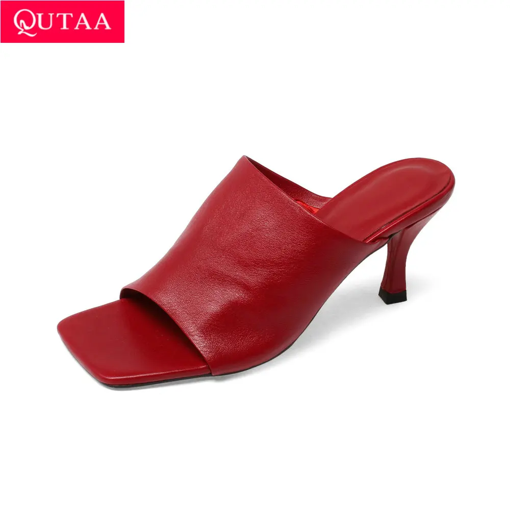 QUTAA 2022 New Summer Thin High Heel Women Shoes Square Toe Slippers Ladies Pumps Genuine Leather Platform Sandals Size 34-39