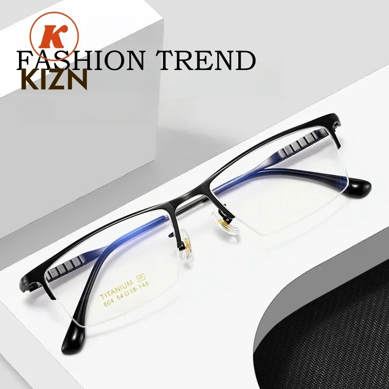 

Очки KIZN Retro Big Eyeglasses, новые квадратные, из чистого титана, оптические, полуоправные, ультралегкие, деловые, мужские, 804/805
