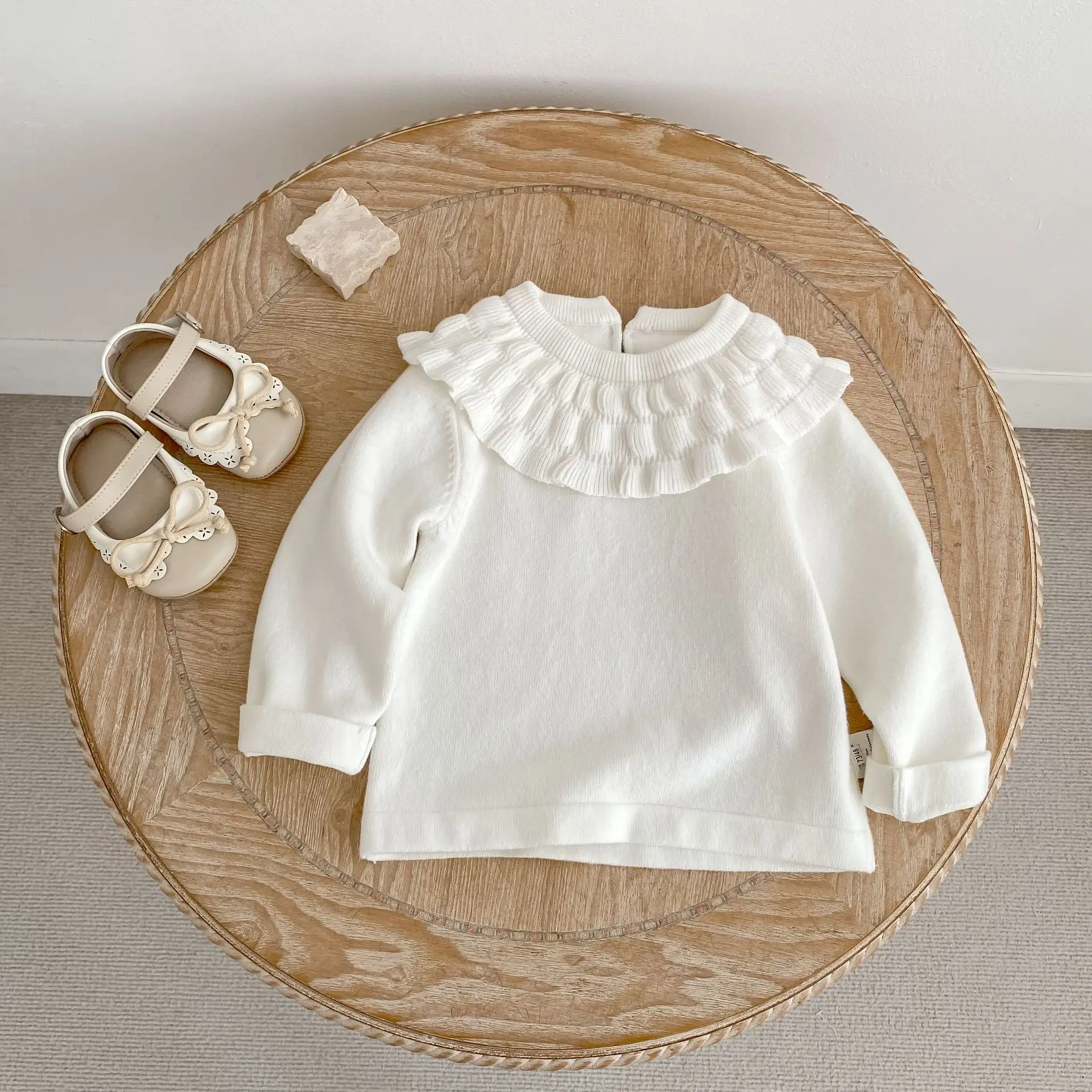 Autumn Baby Girls' 2-Piece Set – Long-Sleeve Knit Top with Ruffled Collar + Floral Jacquard Print Denim Dress