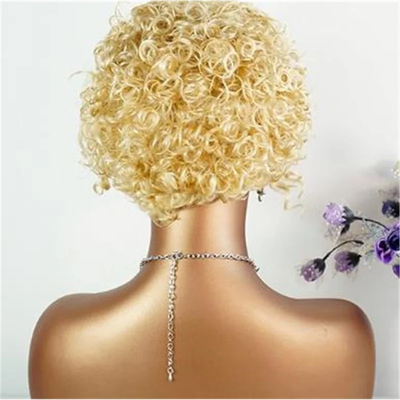 女性ショートピクシーカットブラックブロンドカーリーレースフロントウィッグ人毛ウィッグ