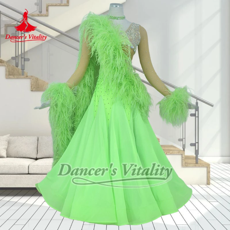 Women Fluorescent Green Feather Ballroom Dance Performances&Competitions Big Swing Dress Dancer's Vitality Waltz Foxtrot Outfit