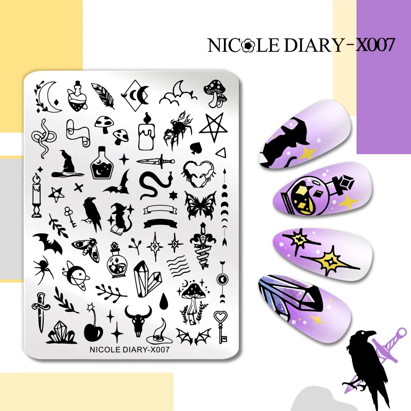 NICOLE DIARY Halloween Series Nail Art Stamping Plates Snake Butterfly Designs Nail Polish Flower Printing Stamp Template Tools