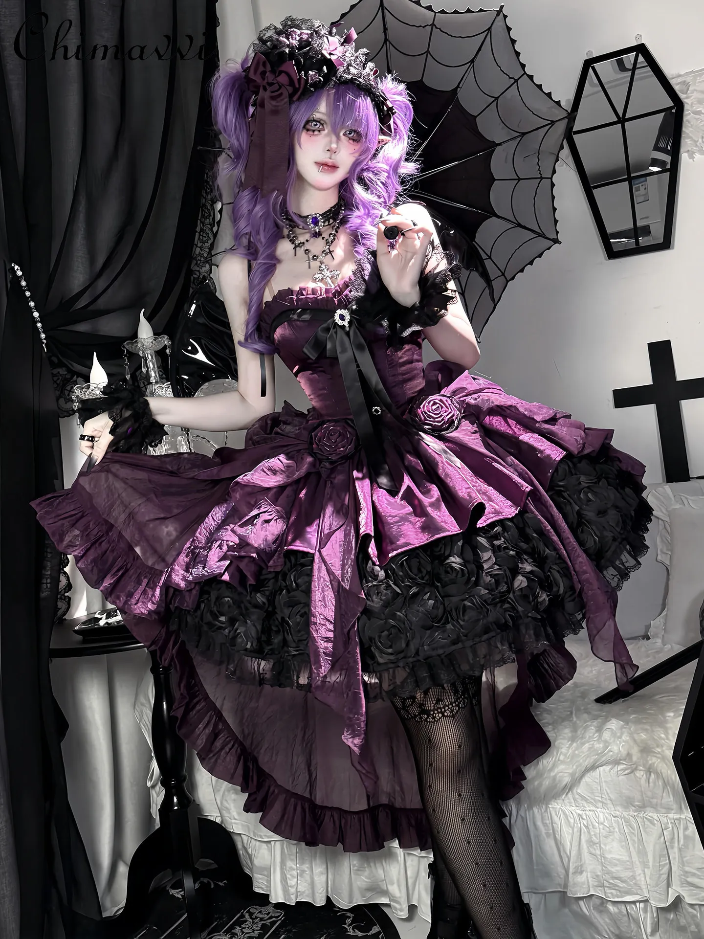 

Gothic Purple Lolita Evening Dress High-end Floral Bridal Style Students Coming-of-age Parties Cos Elegant Princess Dresses