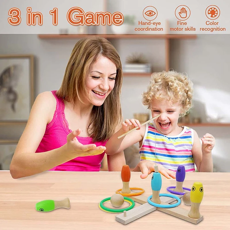 Ring Toss Game For Kids Bowling Fishing Game 3 In 1 Toys Set Indoor & Outdoor Toddler Learning Motor Skill Party Gift