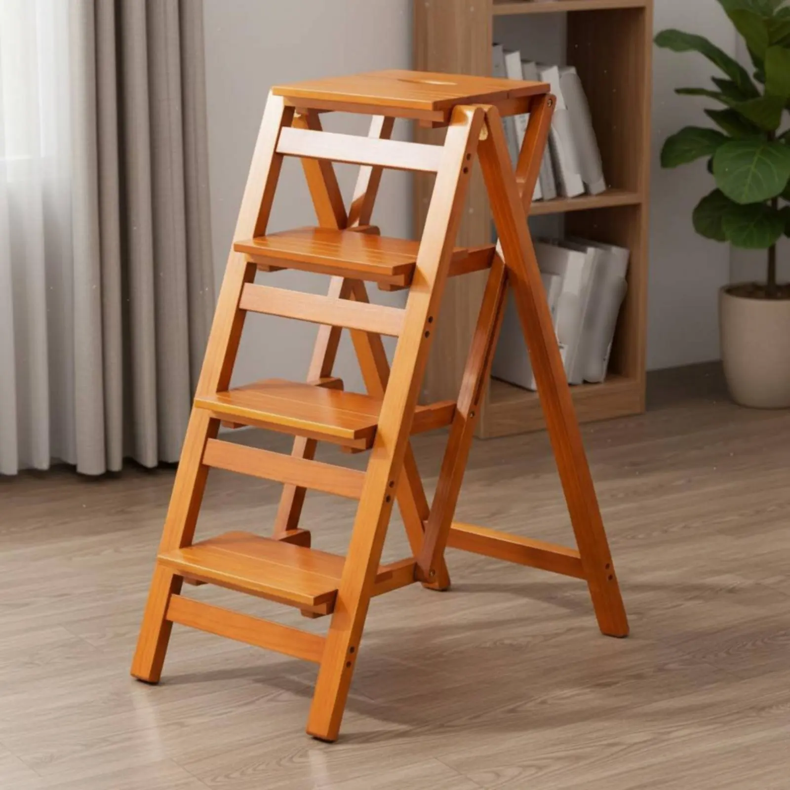 竹製はしご兼用スツール-多機能3段折りたたみはしご-3段折りたたみスツール-簡単組み立て-軽量-図書館用