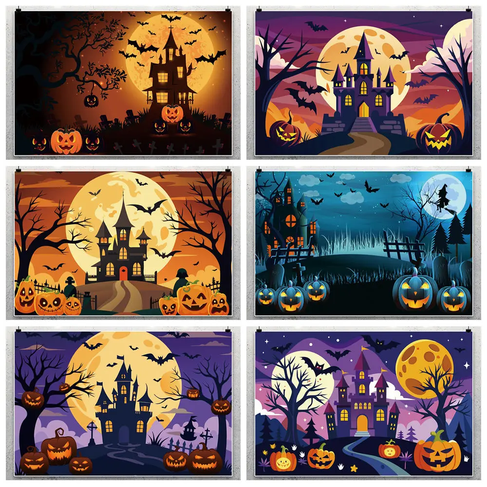 

Halloween Party Background For Photography Pumpkin Lantern Cemetery Bat Witch Haunted Castle Backdrop Cloth Photozone Decoration