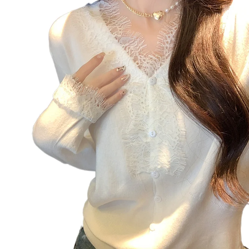 Temperament Elegant Sexy Fashion Lace V-neck Solid Color Knitted Bottoming Shirt Cardigan Autumn and Winter New 2026 Top