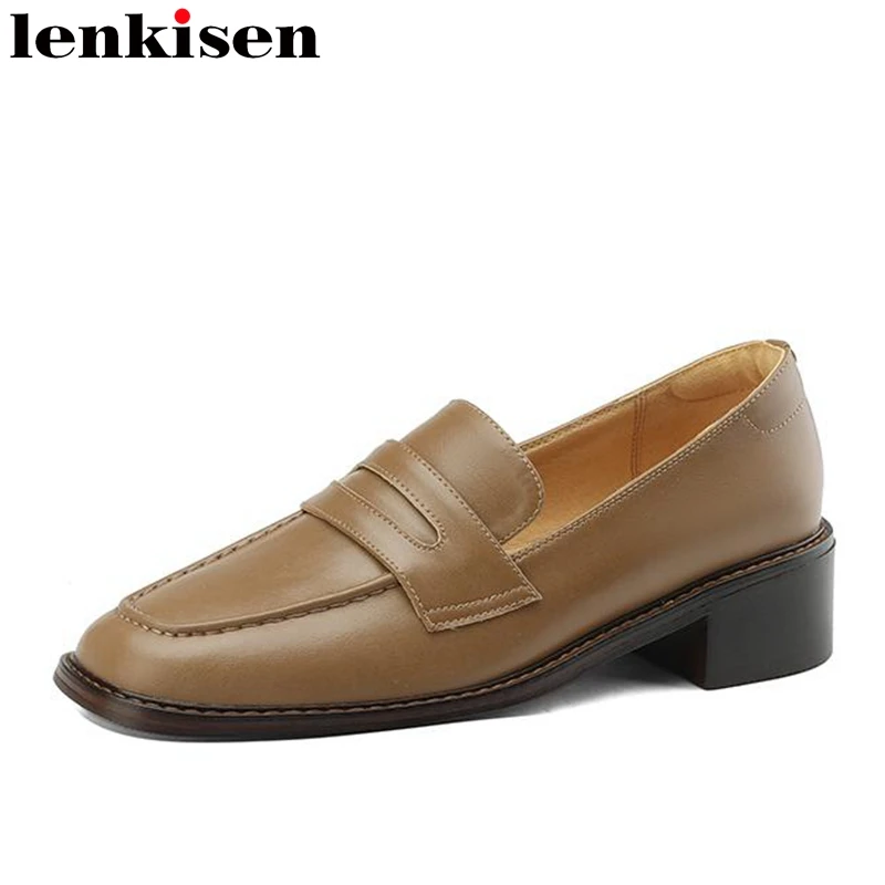 

Lenkisen 2023 Cow Leather Square Toe Spring Shoes Sewing Thread Med Heels Leisure Retro Preppy Style Slip on Brand Women Pumps