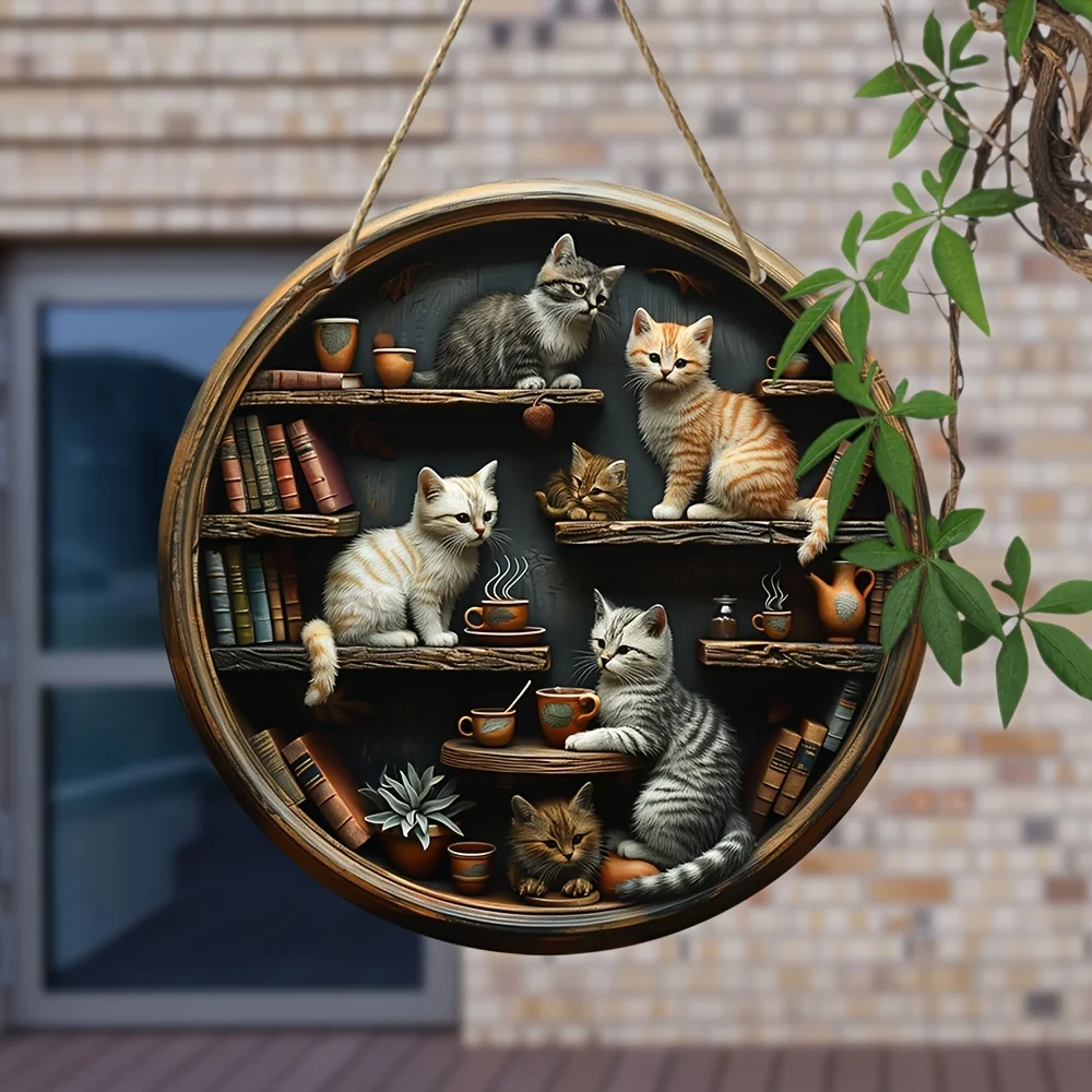 1pc, cat lover round wooden hanging sign 20cm x 20cm, whimsical cat in library wall art, multifunctional interior wall decoratio