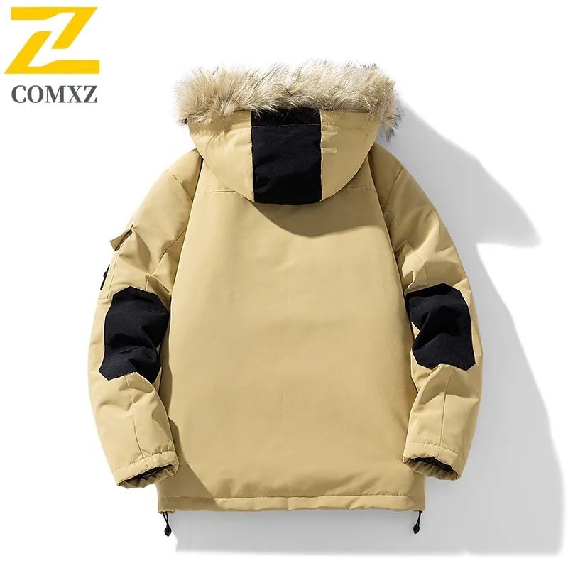COMXZ العمل في الهواء الطلق الرجال سترة مبطنة عادية مقنع سميكة الدافئة سترة الفراء طوق تصميم مغامرة معاطف الشتاء مقاومة البرد