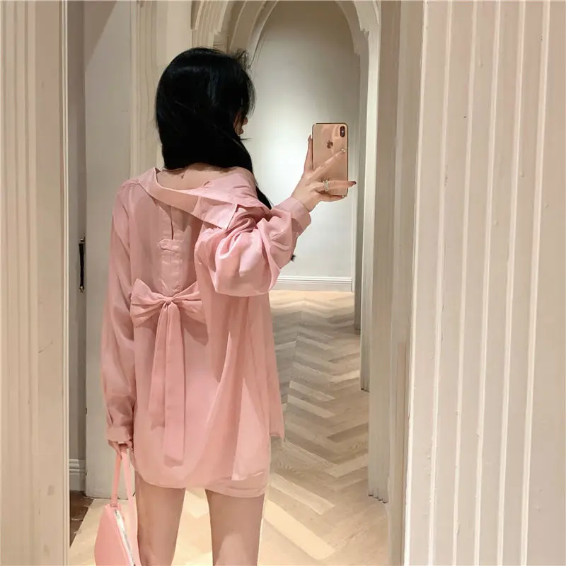 Women Summer Fashion Loose Beach Bow Solid Color Polo-Neck Long Sleeve Sunscreen Shirts Ladies Casual All-match Appear Thin Tops