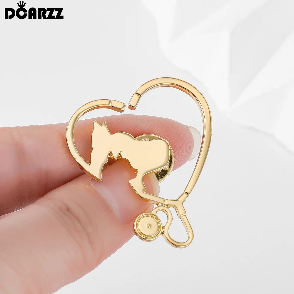 DCARZZ Cute Cat Dog Heart Stethoscope Pin Medical Veterinarian Brooch Pet Doctor Nurse Backpack Lapel Collar Badge Jewelry Gifts