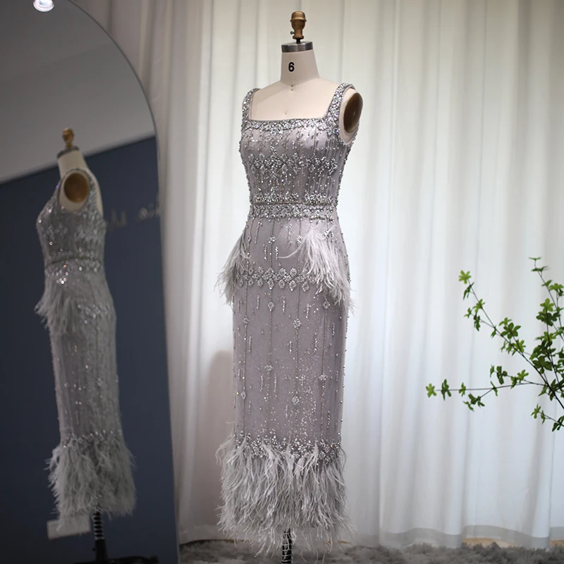 Vestido de noche árabe de sirena para mujer, traje Formal de lujo con capa de plumas de cristal de Dubái para baile de graduación de boda