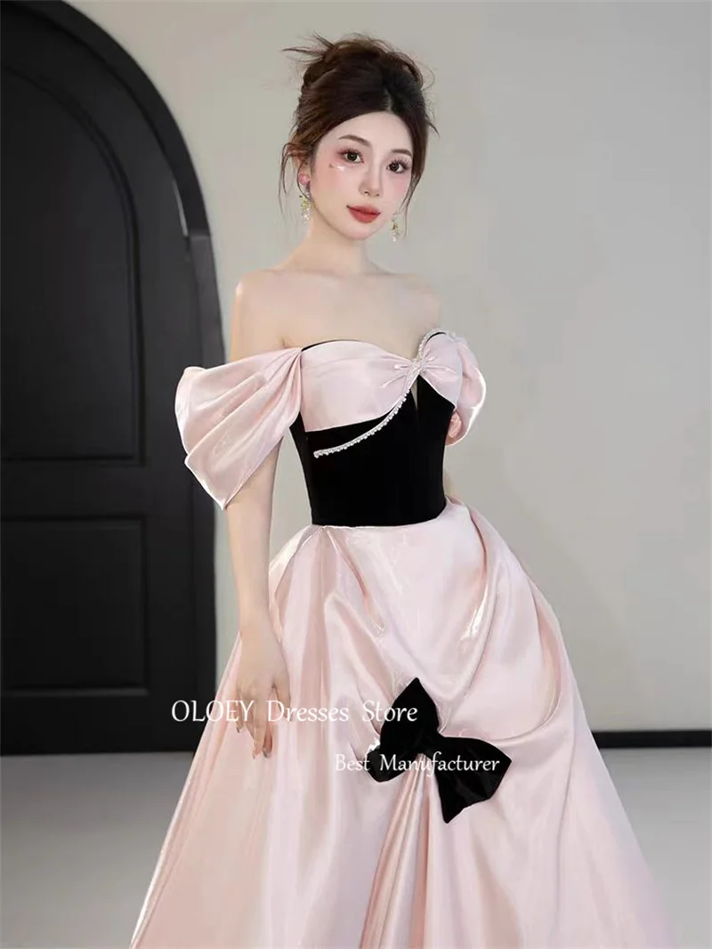 OLOEY-vestidos de noche con hombros descubiertos de princesa rosa, Mangas de sesión de fotos de Corea, vestidos de satén de seda con lazo, vestido de fiesta de boda