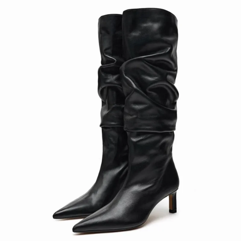 

Black Pointed Toe Pleated Design Knee Boots for Women Comfort Soft Leather Long Boot Elegant Low Heel Shoes Ladies Winter Boots