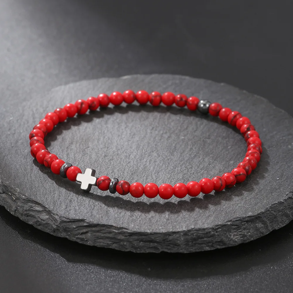4mm Naturstein Armband Hämatit Kreuz Männer Armband Handgemachte Perlen Unisex Stil Frauen String Gebet Yoga Schmuck Freund Geschenk